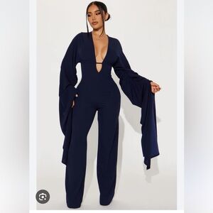 FASHION NOVA take Me There Navy Blue Jumpsuit Sz XL women Super Long Sleeves AM6